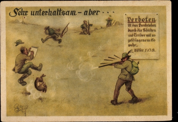 Artist Postcard Geilfus, very entertaining but forbidden, hunter shoots at rabbits, accident with the neighbor
