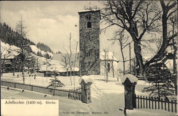KP Adelboden Kanton Bern Szwajcaria, pokryty śniegiem kościół, zimowy krajobraz, płot, drzewa, Adelboden