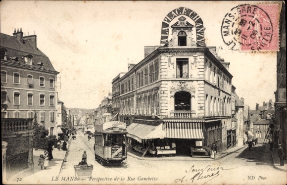 PC Le Mans Sarthe, from Rue Gambetta, tram, building, souvenir