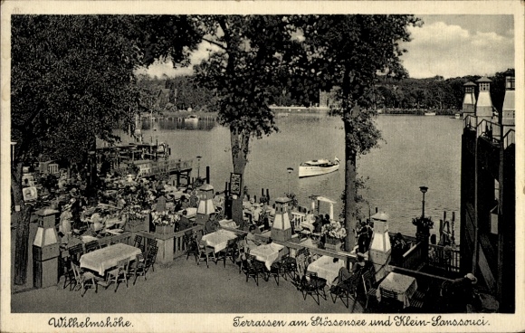 Postcard Berlin Spandau, Restaurant Wilhelmshöhe, Terraces at Stößensee, Klein Sanssouci