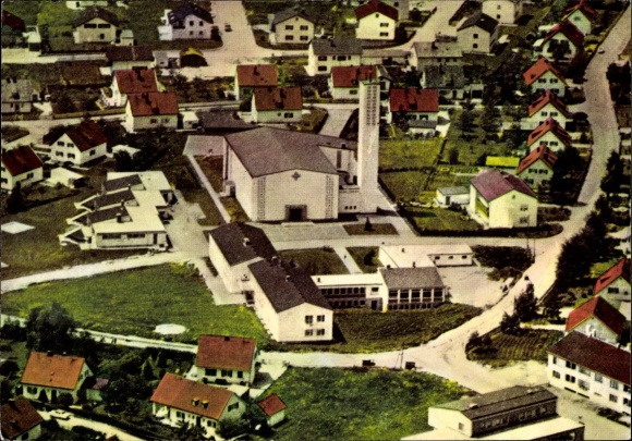 Postcard Steigenberg Penzberg in Upper Bavaria, Catholic parish church, kindergarten St. Raphael, children&#39;s home