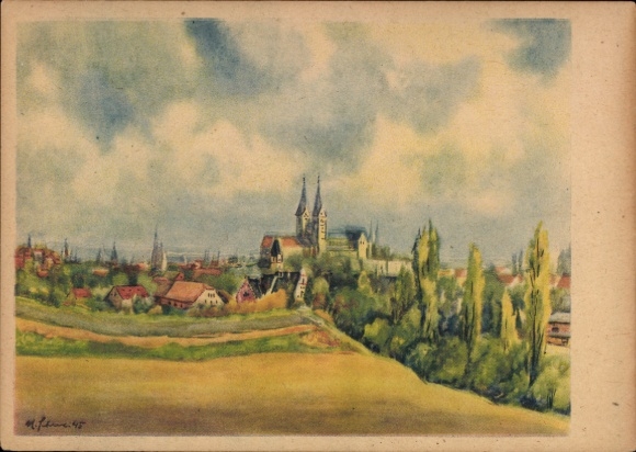 Ak Quedlinburg in het Harzgebergte, landschap met kerk, aquarel, M. Schewe, totaalbeeld