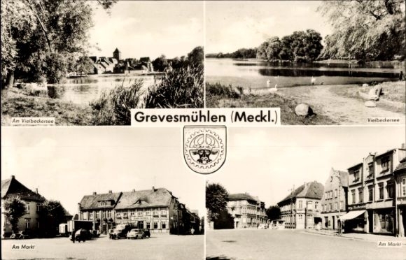 Postcard Grevesmühlen in Mecklenburg, coat of arms, Vielbeckersee, market