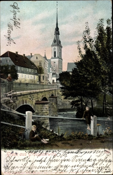 Postcard Großpostwitz in Sachsen, bridge section, church