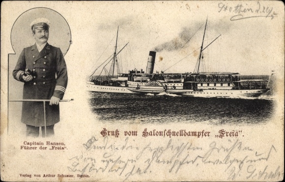 Ak salonstoomboot Freia, raderstoomboot, zeebadstoomboot, Kapitein Hansen