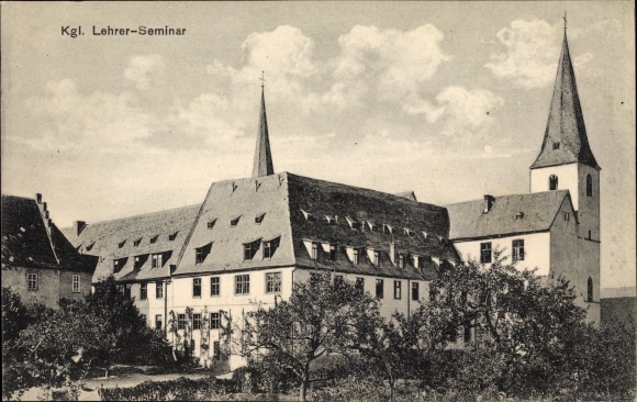 Postcard Schluechtern in the Main Kinzig district, Kgl. Teachers&#39; College with Church