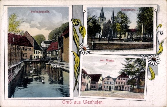 PC Westhofen in Rhineland Palatinate, market square, Seebachquelle