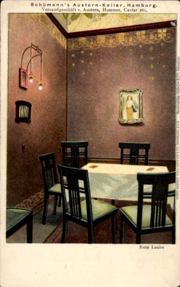 Postcard Hamburg Altona Ottensen, Schümann's Oyster Cellar, Red Arbor, table with chairs, lighting