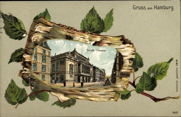 Präge Birkenholz Litho Hamburg Mitte Altstadt, Stadttheater, Straßenansicht