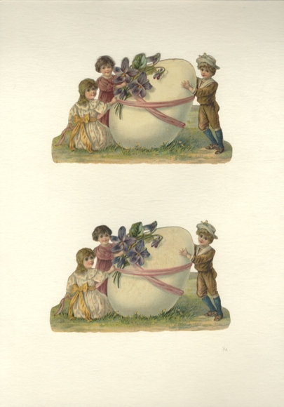 2 wafers children decorate Easter eggs with violets and pink ribbon, size approx. 8 x13 cm each