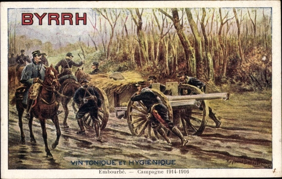 Artist Postcard Advertisement, Byrrh Vin Tonique, French soldiers with guns in the mud