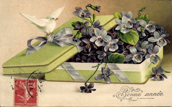 Chromo-Litho Happy New Year, gift box with violets, dove