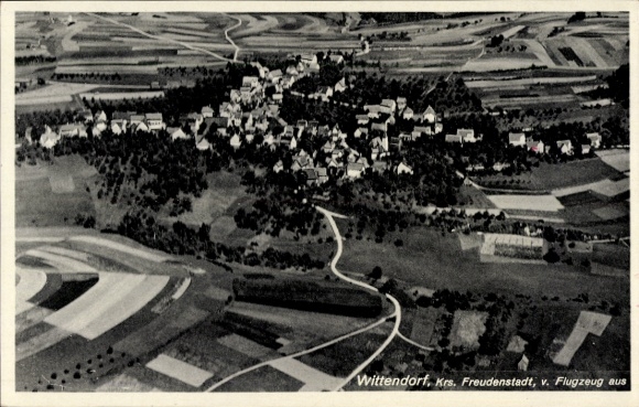 Postcard Freudenstadt in the Black Forest, aerial view of Wittendorf, rural surroundings, many fields