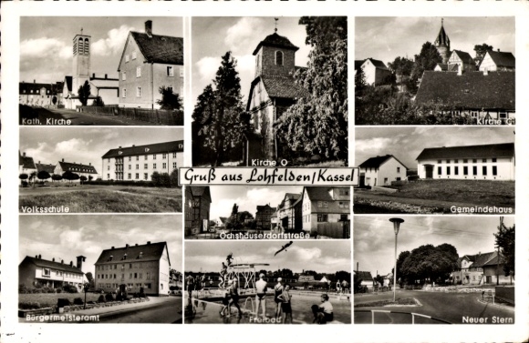 Postcard Lohfelden in Hessen, church, elementary school, Neuer Stern, outdoor pool, community center