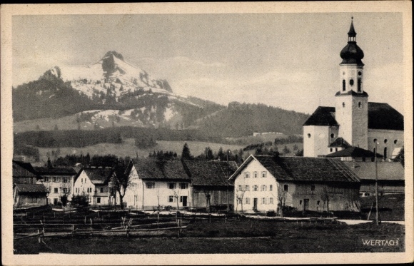 KP Wertach im Allgäu, widok na miasto z Grünten, kościół
