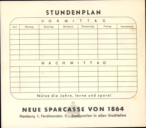 Timetable Neue Sparkasse from 1864, Hamburg Ferdinandstraße, golden eagle around 1960