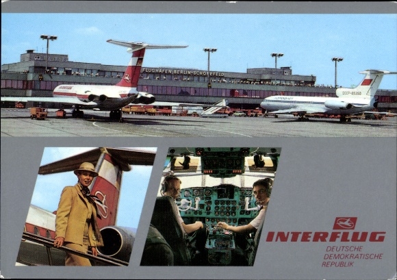 Postcard Schönefeld near Berlin, airport, Interflug, passenger aircraft, cockpit, pilots