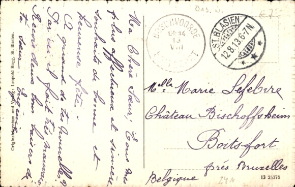 Postcard St. Blasien in the Black Forest, view of church dome, mountains, nostalgic style