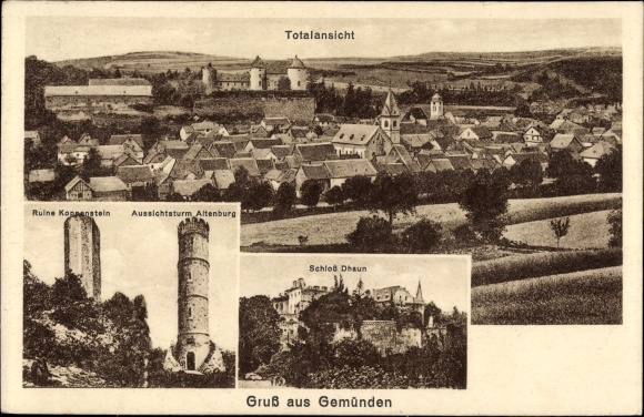 Postcard Gemünden im Hunsrück, overall view, Koppenstein ruins, Dhaun Castle, Altenburg lookout tower