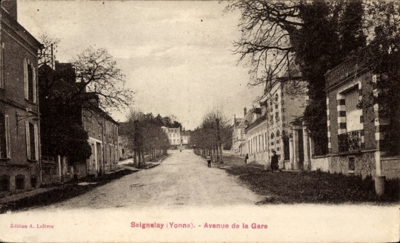 Postcard Seignelay Yonne, Avenue de la Gare, street view, trees, houses