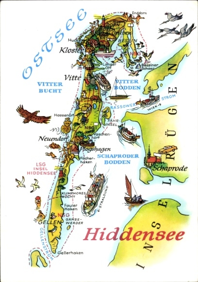 Ak Insel Hiddensee in der Ostsee, Karte von  zeigt Orte und Gewässer der Umgebung, farbenfroh