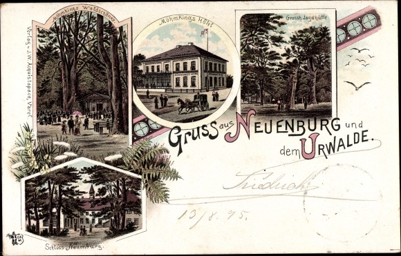 Forerunner Chromo-Litho Neuenburg Zetel in Friesland, Möhmking&#39;s Waldschänke, hotel, castle, jungle, 1895
