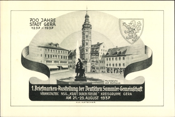 Postal stationery coat of arms Postcard Gera in Thuringia, 1st stamp exhibition 1937, KdF, 700th anniversary 1937
