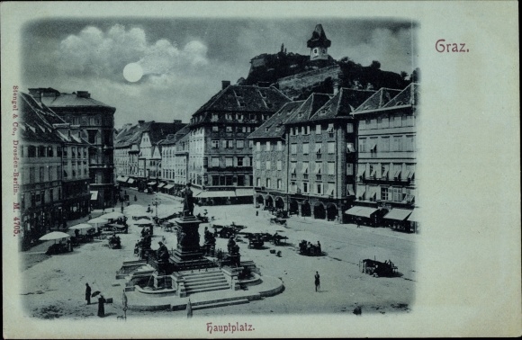 Moonlight PC Graz Styria, main square with monument, business buildings, market stalls