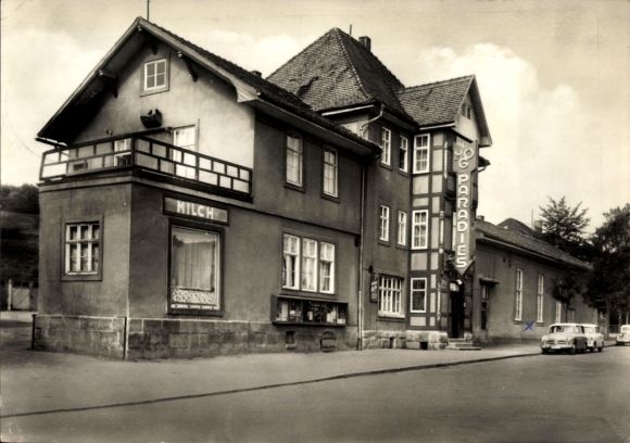 Postcard Wasungen in the Thuringian Forest, HOG Paradise, milk shop, street party