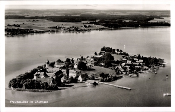 Postcard Frauenchiemsee Fraueninsel Chiemsee Upper Bavaria, aerial photograph