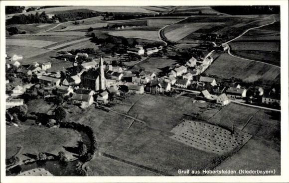 Postcard Hebertsfelden Lower Bavaria, aerial photograph, village view, church, fields, rural surroundings
