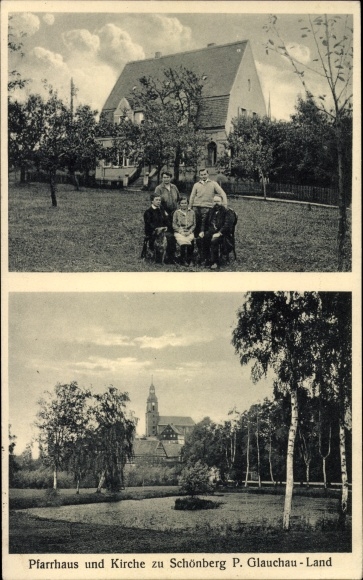 Postcard Schönberg in Sachsen, vicarage and church