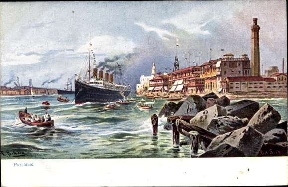 Artist PC Perlberg, F., Port Said Egypt, Harbour, steam ship, boat