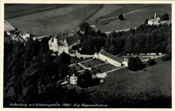 Postcard Kraiburg am Inn Alpine foothills, Guttenburg with recreation home, aerial photograph