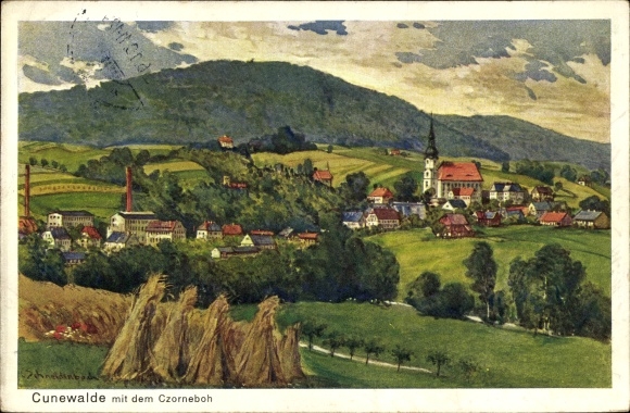 Artist PC Schneidbach, Cunewalde in Lusatia, partial view of the place, church, field, hay