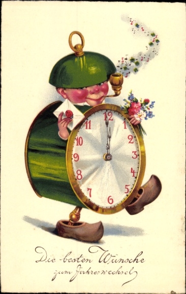 Postcard Congratulations Birthday, Humanized Clock with Bouquet and Pipe