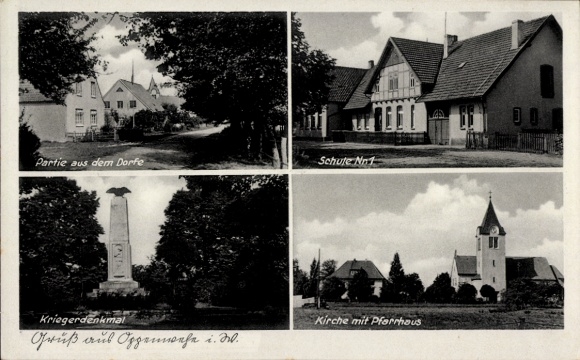Postcard Oppenwehe Stemwalde in Westphalia, school, church, rectory, war memorial