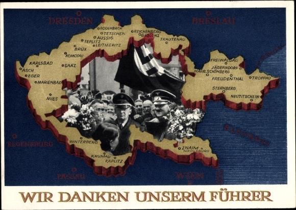 Postal stationery Postcard We thank our leader, Sudetenland, Bohemia, Moravia, Hitler