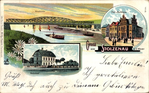 Chromo-Litho Stolzenau ad Weser, post office with town hall, train station and Weser bridge