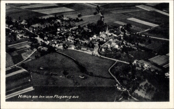 Postcard Mittich Neuhaus am Inn Lower Bavaria, aerial view of Mittich, fields, residential buildings, church
