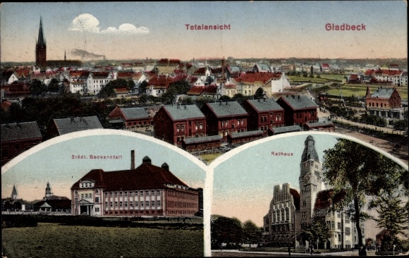 PC Gladbeck in the Ruhr area of North Rhine-Westphalia, Städt. Bathing establishment, town hall, total view