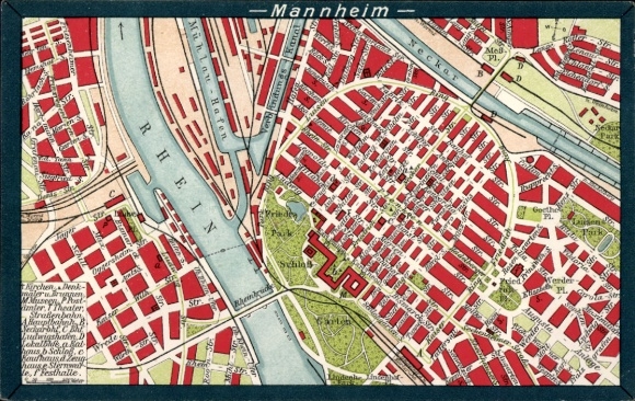 Mapa miasta KP Mannheim w Badenii, Ren, zamek, park, ogród