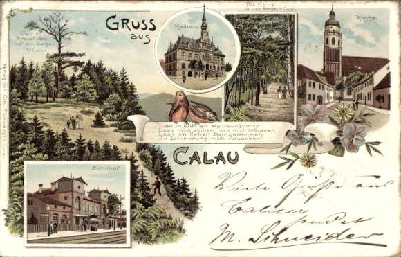 litho Calau in Brandenburg, stadhuis, treinstation, kerk, bos