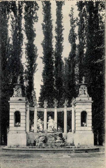 Postcard Aranjuez Madrid Spain, fountain, columns, statues, trees, Aranjuez
