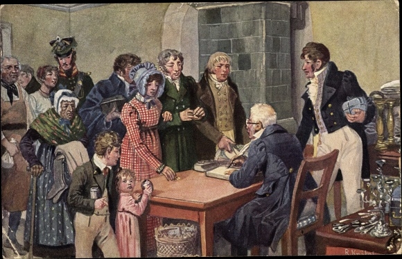 Artist Postcard Knötel, R., German women sacrifice their wedding ring for the fatherland, 1813