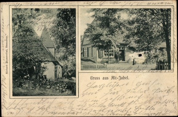 Postcard Alt Jabel Vielank in Mecklenburg, church, department store