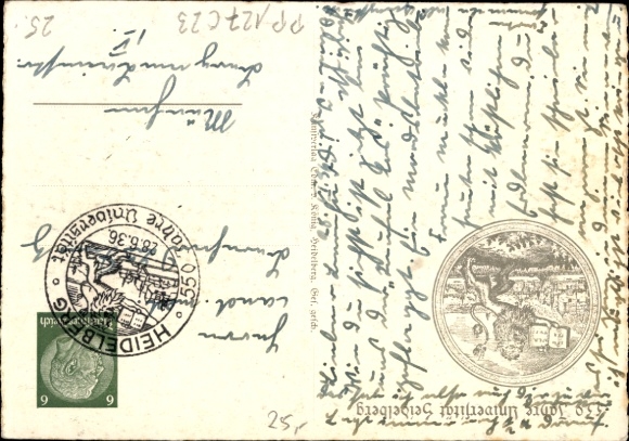 Kunstenaar postwaardestuk ansichtkaart Heidelberg 550-jarig jubileum universiteit 1936, Ruperto Carola
