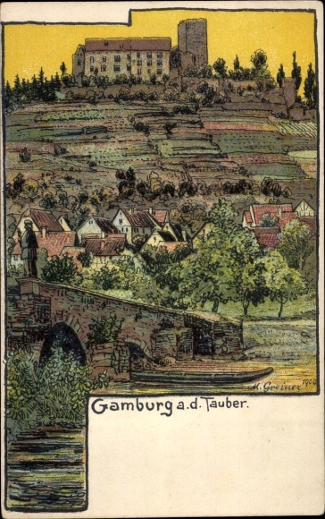 Artist Postcard Greinez, Gamburg Werbach an der Tauber, partial view, castle, bridge