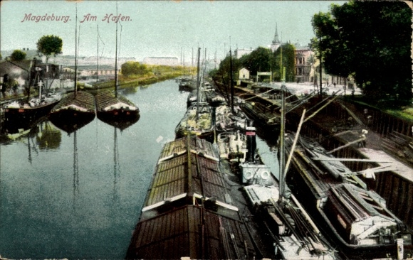Postcard Magdeburg an der Elbe, Am Hafen