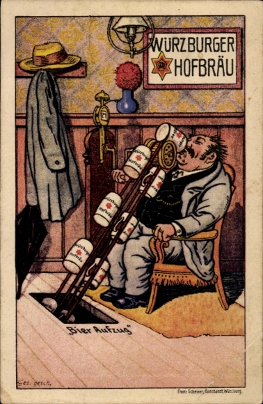 Artist Postcard Beer Elevator, Würzburger Hofbräu, Beer Drinkers, Beer Mugs, Crank